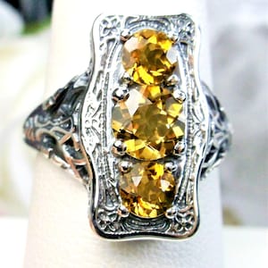 Natural Citrine Ring / Natural Honey Yellow Round 3 Gems with Edwardian Sterling Silver Filigree [Made to Order] Design#60