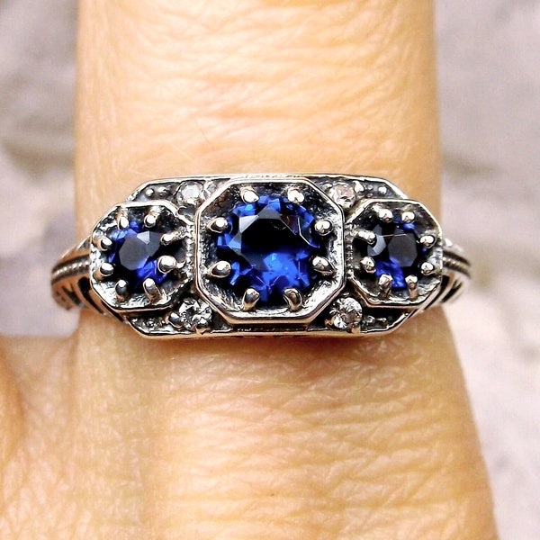 Sapphire Ring 925 Sterling Silver Simulated Blue Sapphire Gemstone Dainty 3Stone Art Deco Filigree Trinity [Custom Made] Design#161