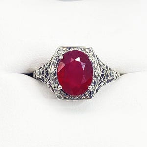 Natural Ruby Ring/ Oval Gem with Victorian Sterling Silver Filigree in Romantic Vintage Style [Made To Order] Design#417