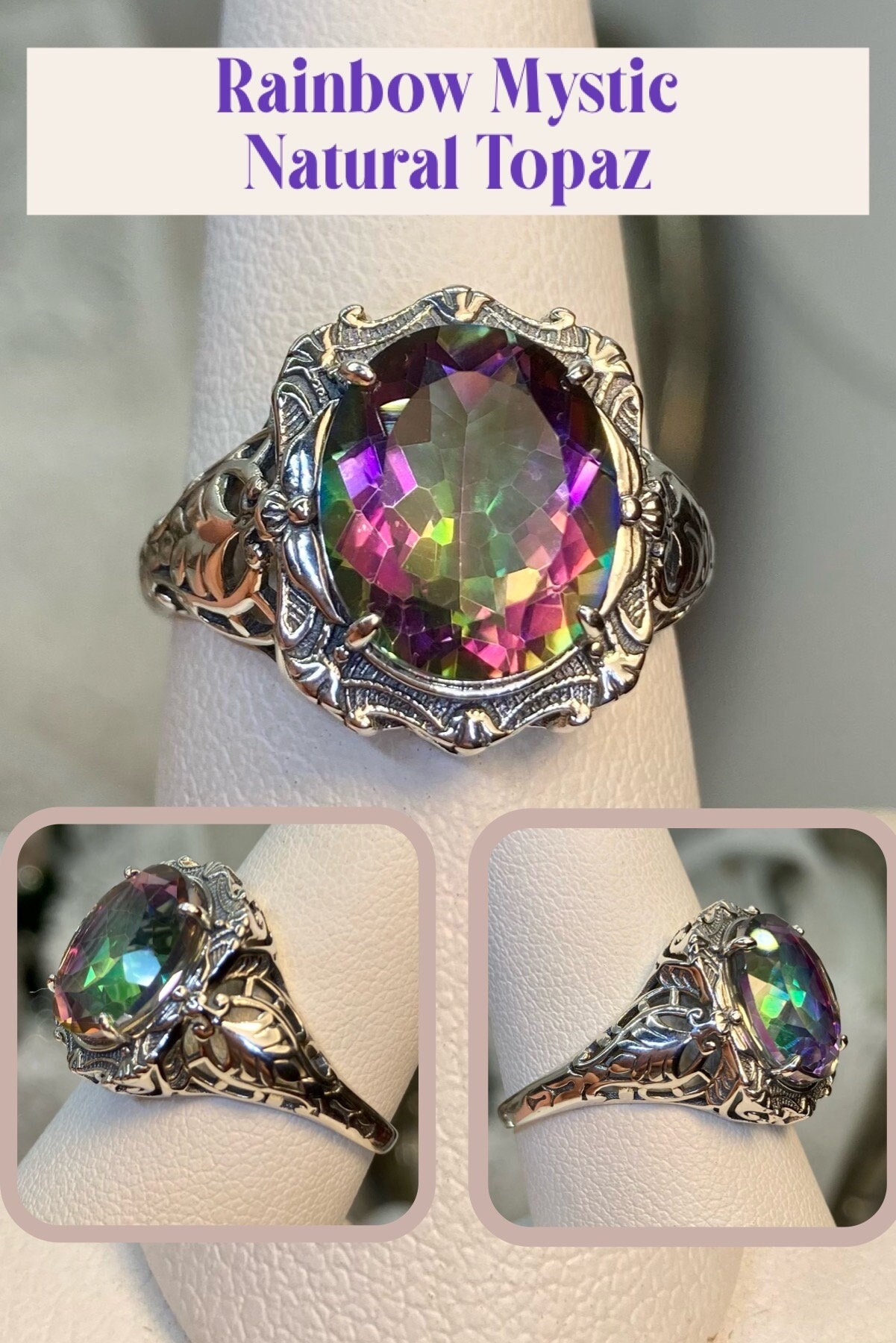 Natural Mystic Topaz Ring/ Sterling Silver/ 4ct Oval Cut Natural Mystic Topaz Ring/ Sterling Silver/ 4ct Oval Cut
