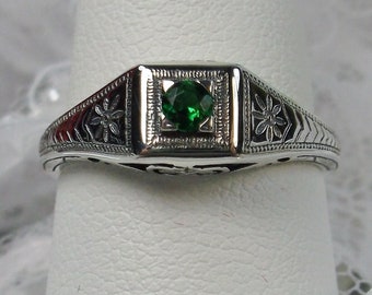 Emerald Ring 925 Sterling Silver | Antique Art Deco Wedding Green Emerald Gem Sterling Silver Filigree [Made To Order] Design#155