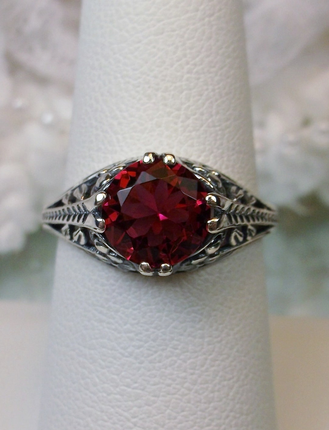 Red Ruby Ring/ Solid Sterling Silver / 2ct Simulated Red Ruby Edwardian ...