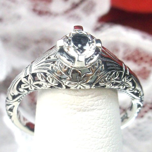 Natural White Topaz Ring | Size 7 | Sterling Silver 925 Natural White Topaz Edwardian Floral Wedding Leaf Filigree  [In Stock] Design#154