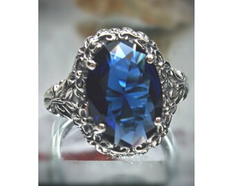 Sapphire Blue Ring Size 9 | 925 Sterling Silver | 6ct Oval Cut Simulated Sapphire, Butterfly Floral Filigree [Ship Now] Design#79