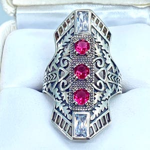 Ruby Ring | Size 8.5 | Sterling Silver 925 Simulated Ruby & White CZ Gem Long Art Deco 1930s Filigree [In Stock] Design#214