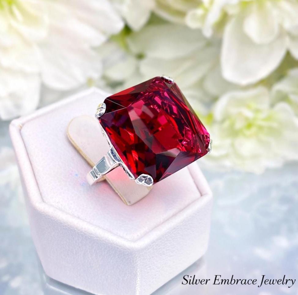 Ruby Ring • Sterling 925 Silver • 20ct Large Square Cut Simulated