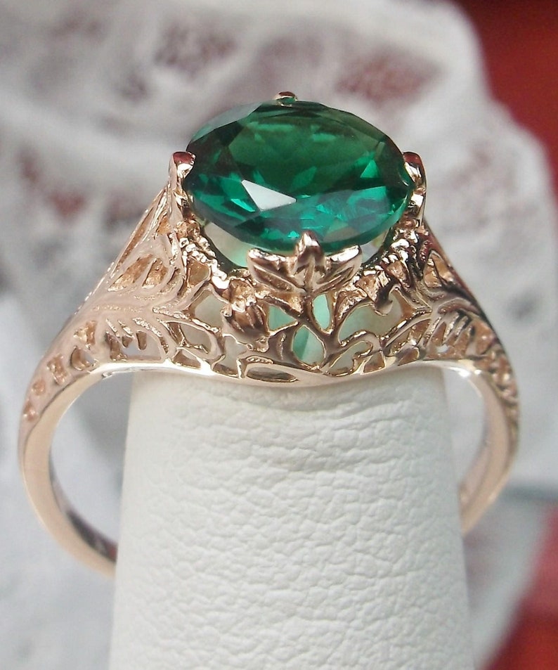 Natural Emerald Ring/ Rose Gold & Silver Or 10k 14k Gold/ Victorian Treated Natural Gemstone Leaf Filigree [Made To Order] Design#198 