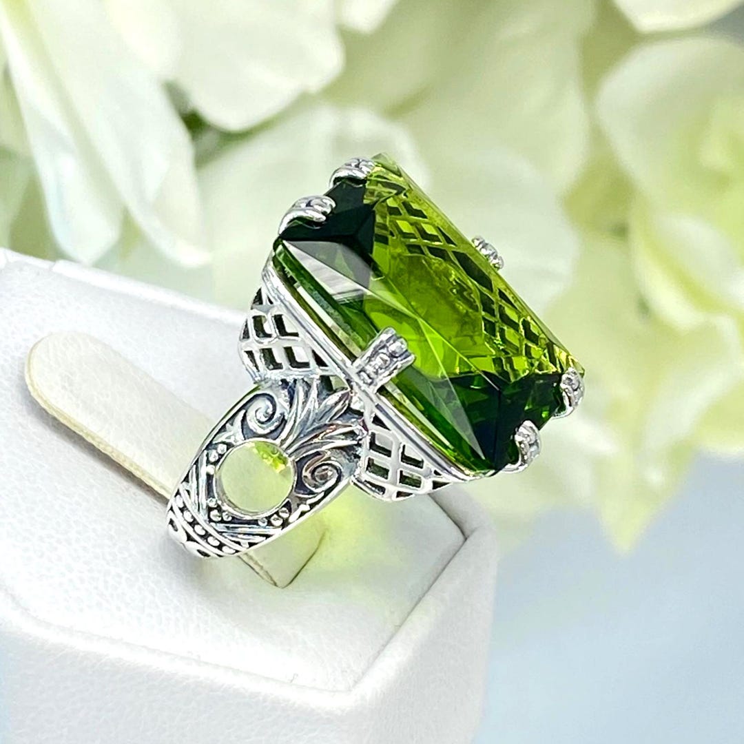 Art Deco Simulated Peridot Ring: Sterling Silver 30ct Rectangle, Size ...