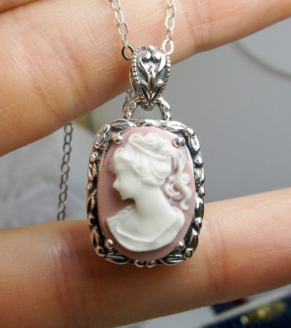 Cameo Pendant Necklace Sterling Silver Oval Pink White Cameo