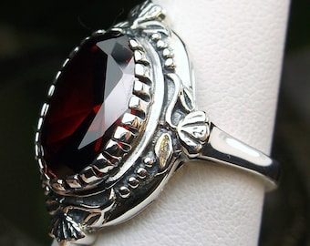 Garnet CZ Ring / Solid Sterling Silver/ 6ct Oval Cut Garnet Cubic Zirconia, Silver Victorian Wreath Filigree [Size 6 In-Stock] Design#74