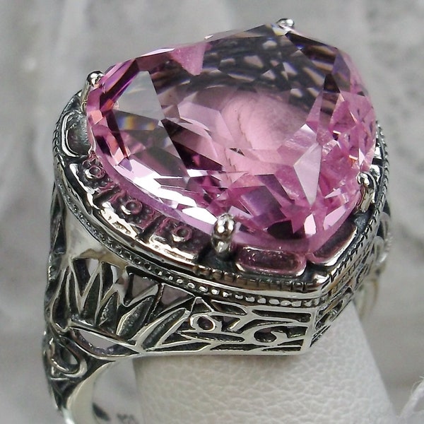 Pink Topaz Ring/ Solid Sterling Silver/ 10ct Simulated Pink Topaz, Victorian Heart Art Deco Filigree [Custom Made] Design#59