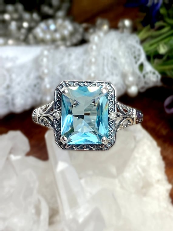 Bague bleu aigue marine argent sterling rectangle 4 ct imitation aigue marine et perle de rocaille Art deco en filigrane Custom Made Design 73 Etsy France
