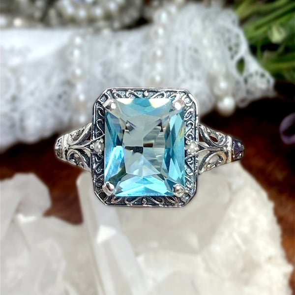 Aquamarine Blue Ring/ Sterling Silver/ 4ct Rectangle Simulated Aquamarine & Seed Pearl Art Deco Filigree [Custom Made] Design#73