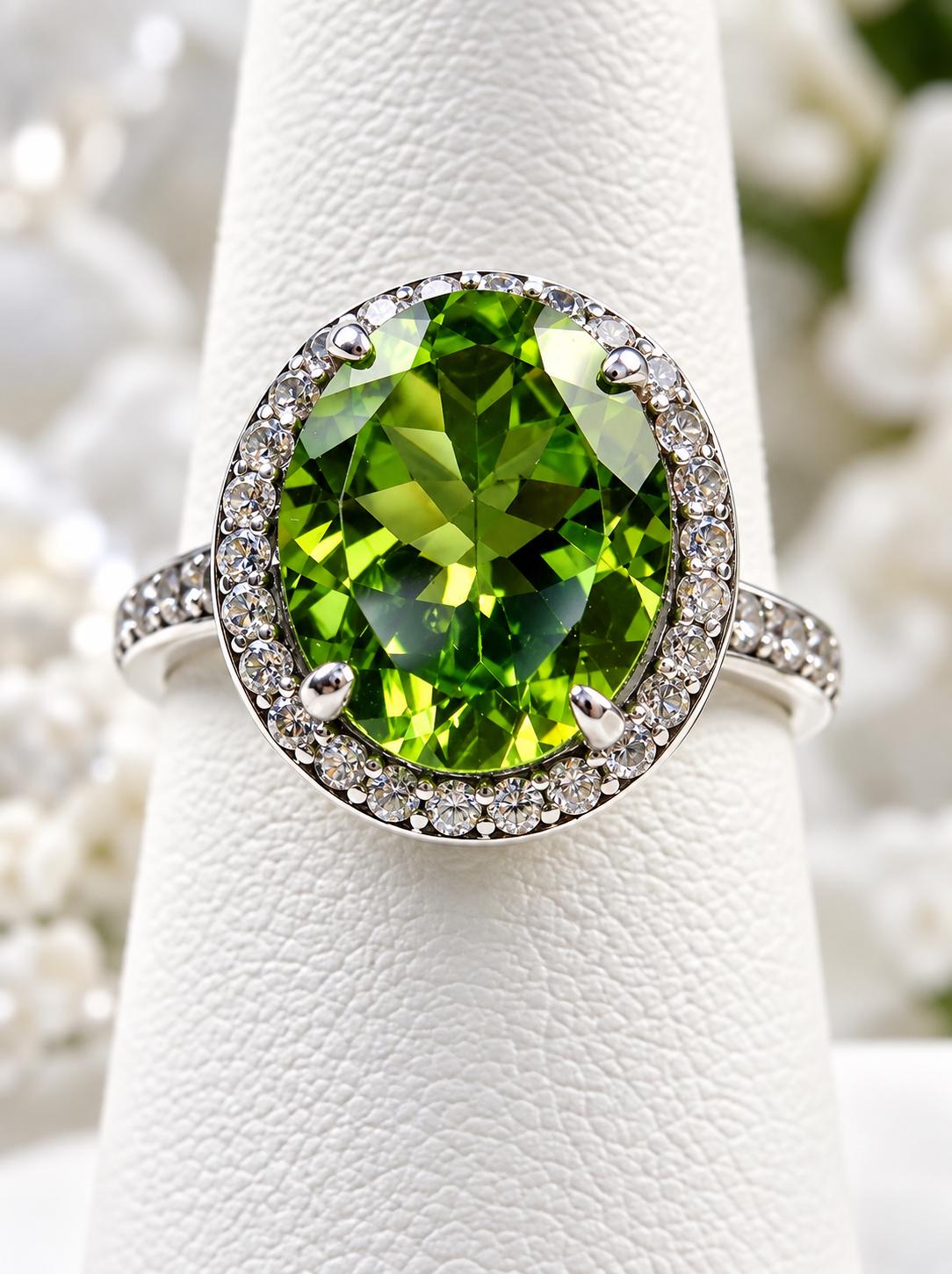 Natural Peridot Ring/ 4ct Oval Cut Genuine Green Gemstone & White CZ Pavé Accents Halo Art Deco Sterling Silver Filigree [Custom] Design#228