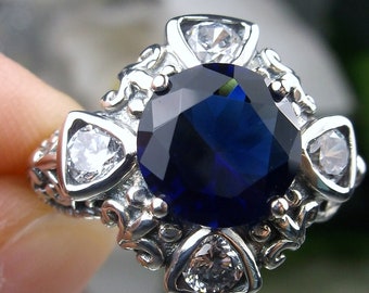 Sapphire CZ Ring • Simulated Blue Sapphire & White Cubic Zirconia • 925 Sterling Silver Fleur de Lis Filigree • Made To Order | Design#138