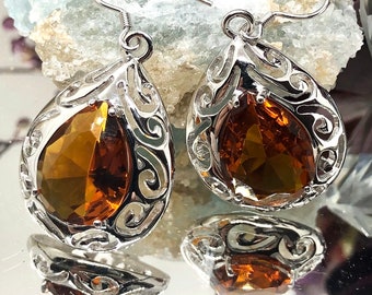 Orange Citrine Earrings/ Solid Sterling Silver/ 12ctw Pear Teardrop Simulated Orange Citrine Filigree Dangle Drop[Custom Made] Design#E28