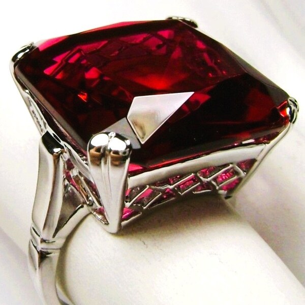 Ruby Ring/ Sterling Silver/ 20ct Big Huge Square Cut Simulated Red Gem, Vintage Art Deco Revival Jewelry [Custom Made] Design#1