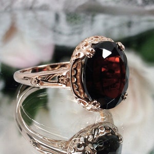 Natural Red Garnet Ring | Rose Gold plated Sterling Silver Oval 5ct Natural Red Garnet Edwardian Floral Filigree [Made To Order] Design#70z