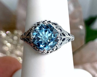 Vintage Unique Sterling Silver Swiss Blue Topaz Engagement Wedding Filgree Ring