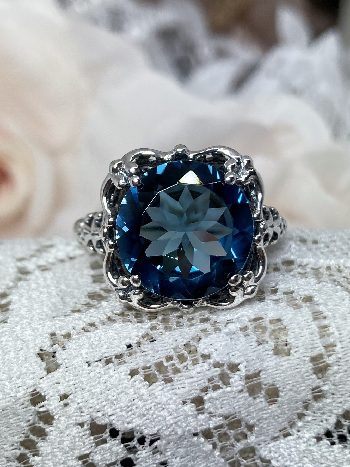 London Blue Topaz Ring Solid Sterling Silver or Gold 7ct Round