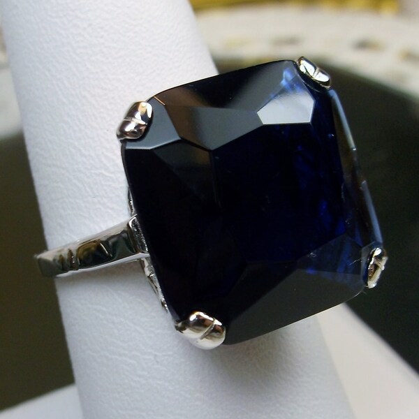 Blue Sapphire Ring | Sterling Silver | 20ct Big Square Cut Simulated Blue Sapphire, Vintage Art Deco Revival Jewelry [Custom Made] Design#1