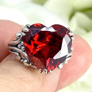 Garnet CZ Ring Sterling Silver Leaf Claw Filigree Huge 10ct Heart Red Gemstone [Made To Order] Design#213