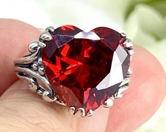 Garnet CZ Ring Sterling Silver Leaf Claw Filigree Huge 10ct Heart Red Gemstone [Made To Order] Design#213