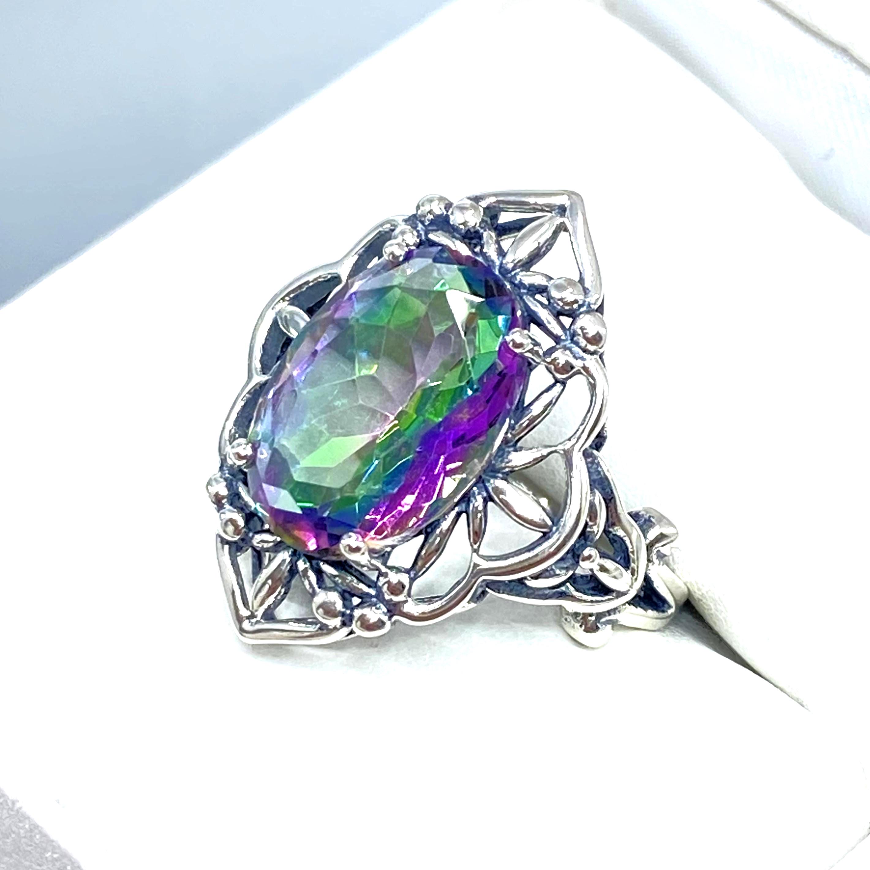 7mm Natural Round Mystic Topaz Engagement Ring - Silver Plated, Sizes 6-10, Luckyshine