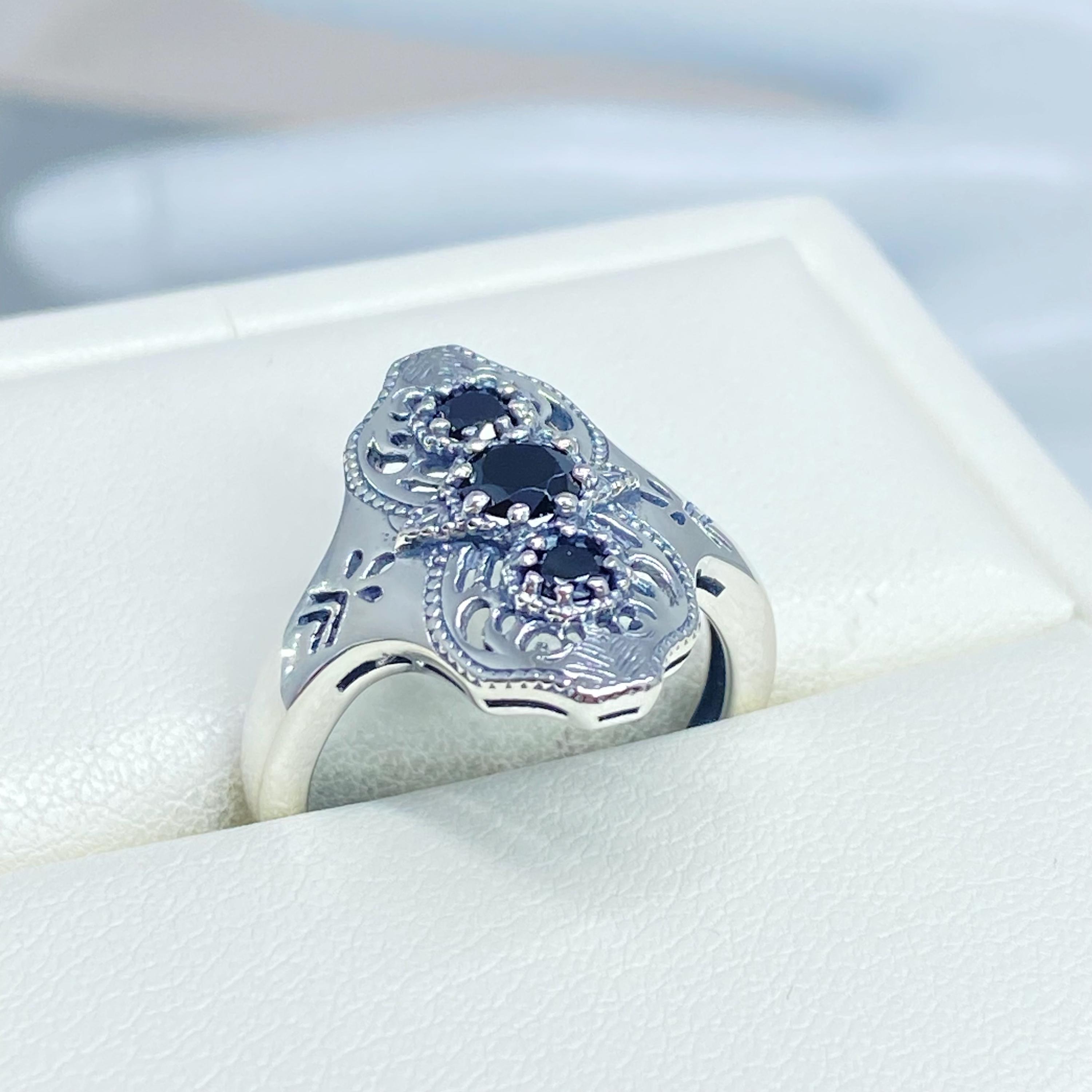 ブラックCZスターリングシルバーリング：アールデコギャツビー