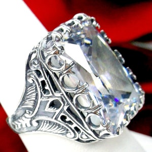 White CZ Ring/ Sterling Silver/ 30ct Rectangle White Cubic Zirconia, Art Deco/Victorian Prong Filigree [Custom Made]Cardinal Design#215