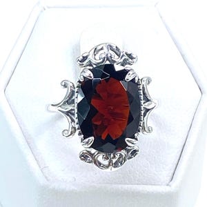 Natural Garnet Ring | Sterling Silver 7ct Oval Cut Red Faceted Gemstone Sterling Silver Gothic Leaf Filigree [Made To Order] Design#84