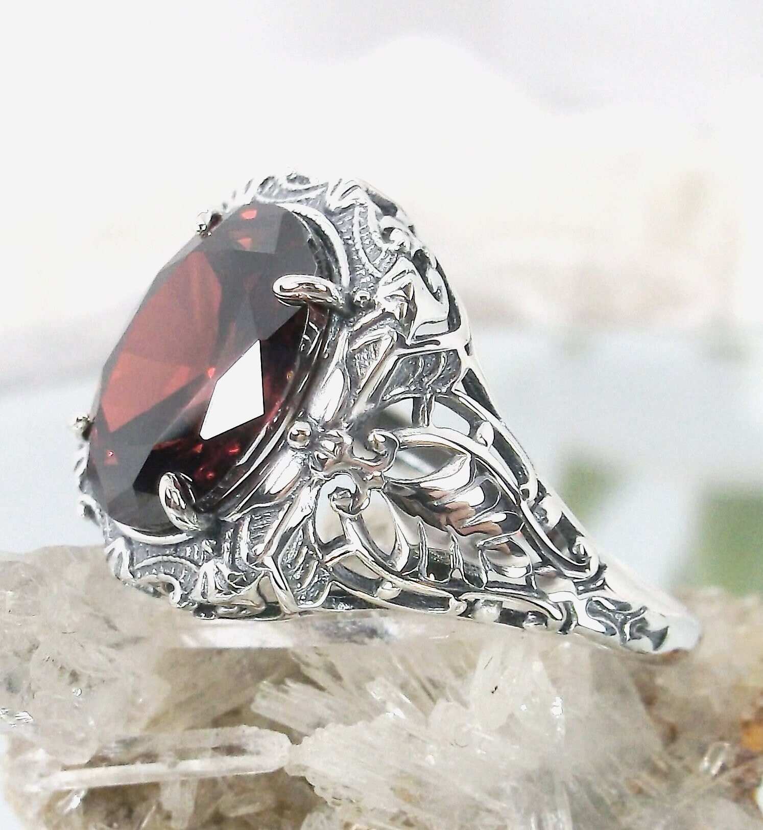 Garnet Ring / Oval 5ct Faceted Gem With Sterling Silver Art