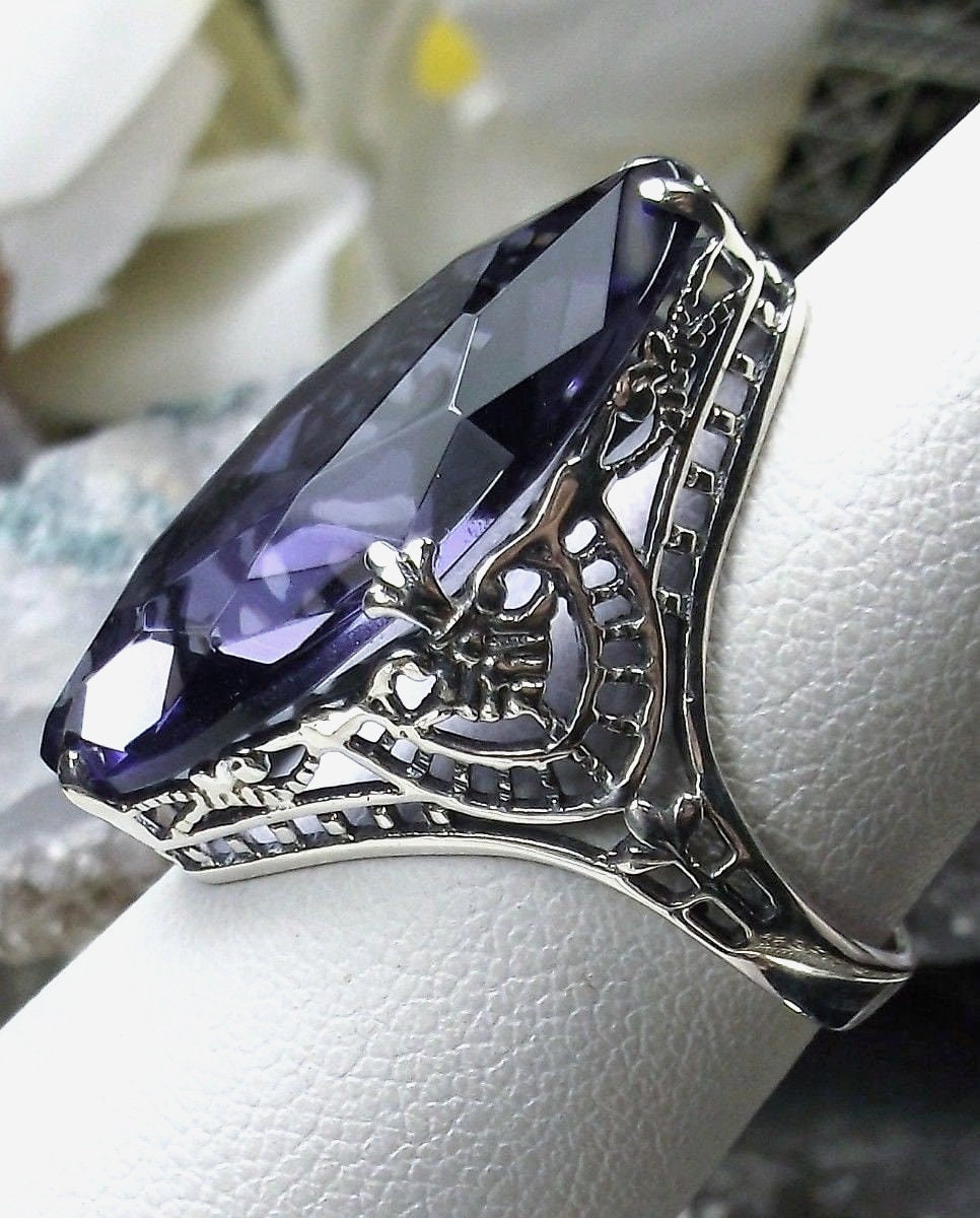 Sterling Silver Amethyst Ring - Size 9, Modern Filigree, Handcrafted In USA