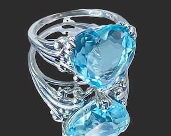 Aquamarine Ring | Size 7 | Sterling Silver 925 Heart Leaf Claw Filigree Huge Simulated Blue Gem [In Stock] Design#213