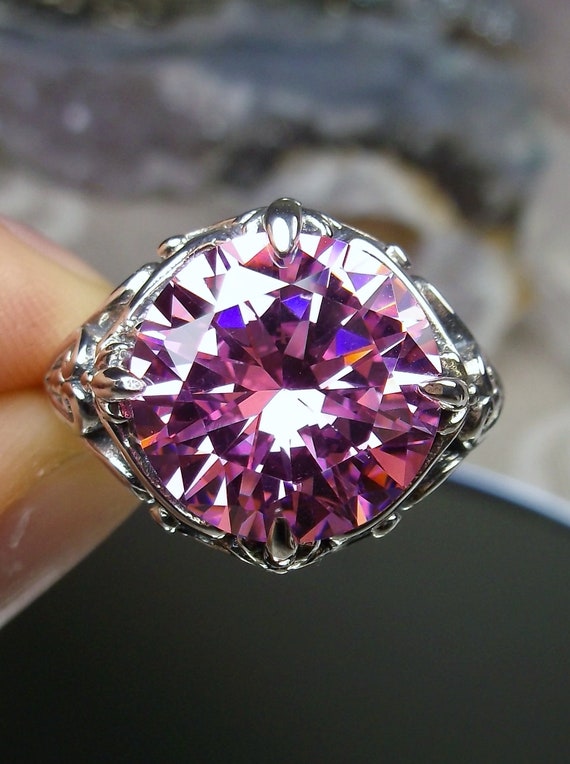 Pink CZ Ring Solid Sterling Silver 6ct Round Cut Light Pink
