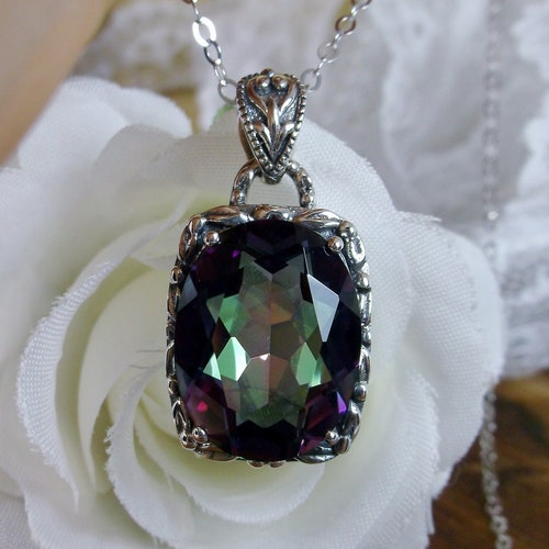 Mystic Pendant/ Sterling Silver/ 12ct Oval Simulated Rainbow Mystic Topaz, Victorian Jewelry, Leaf Filigree Necklace [Custom Made] #P120