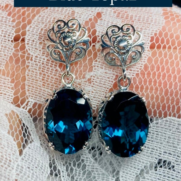 London Blue Topaz Earrings Sterling Silver | Oval Sim or Natural Gemstone Dangle Drop Edwardian Filigree Earrings [Made To Order] Design#70