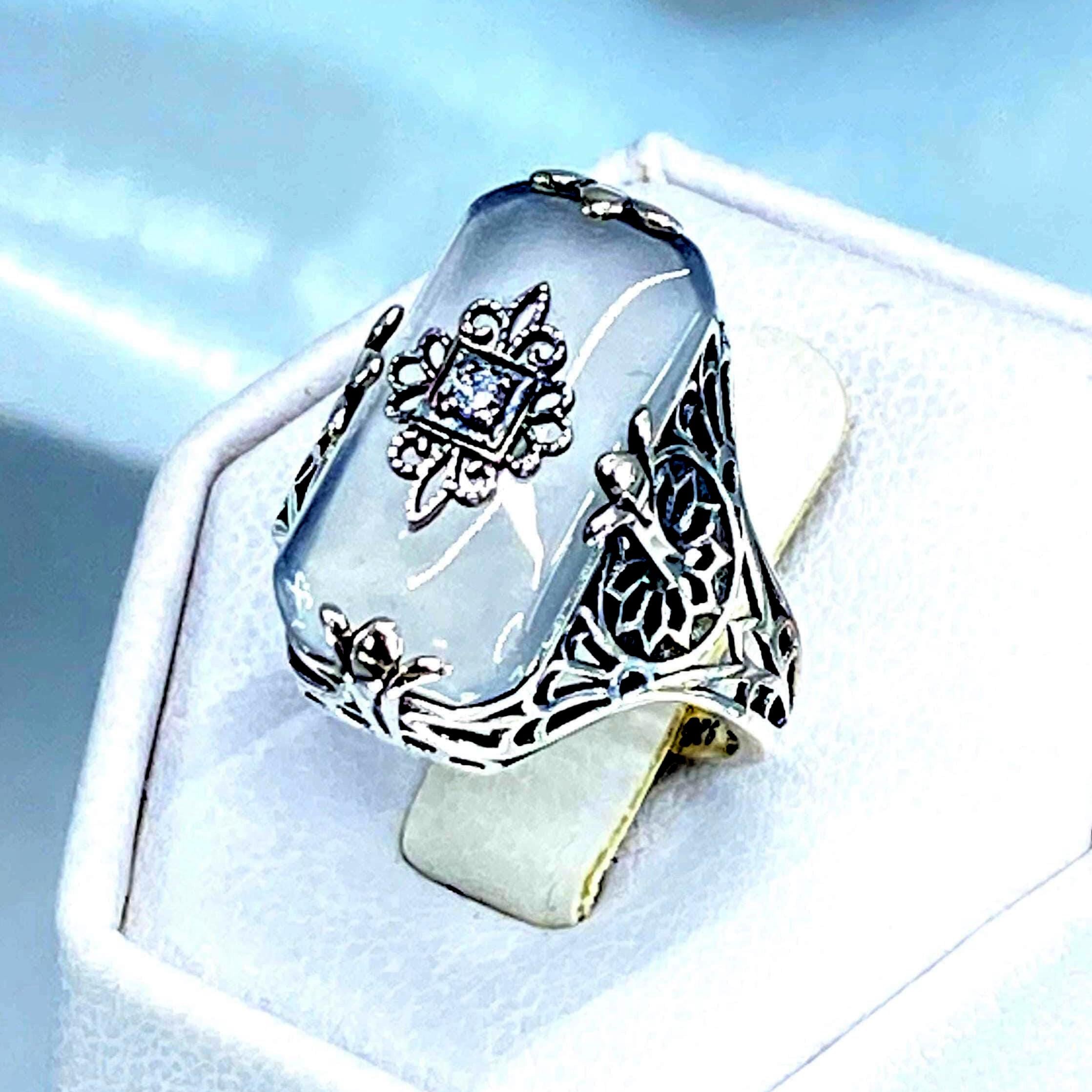 Camphor Glass Ring, Frosted Glass w/Inset CZ, Moissanite, or 
