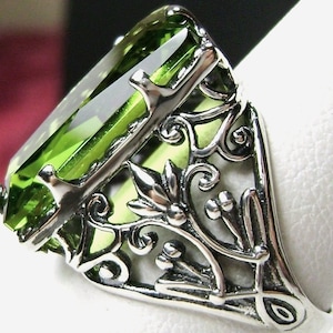 Peridot Green Ring Sterling Silver 7ct Baguette Shape Simulated Peridot, Ornate Leaf Art Nouveau Filigree [Custom Made] Design#32