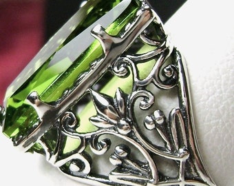 Peridot Green Ring Sterling Silver 7ct Baguette Shape Simulated Peridot, Ornate Leaf Art Nouveau Filigree [Custom Made] Design#32