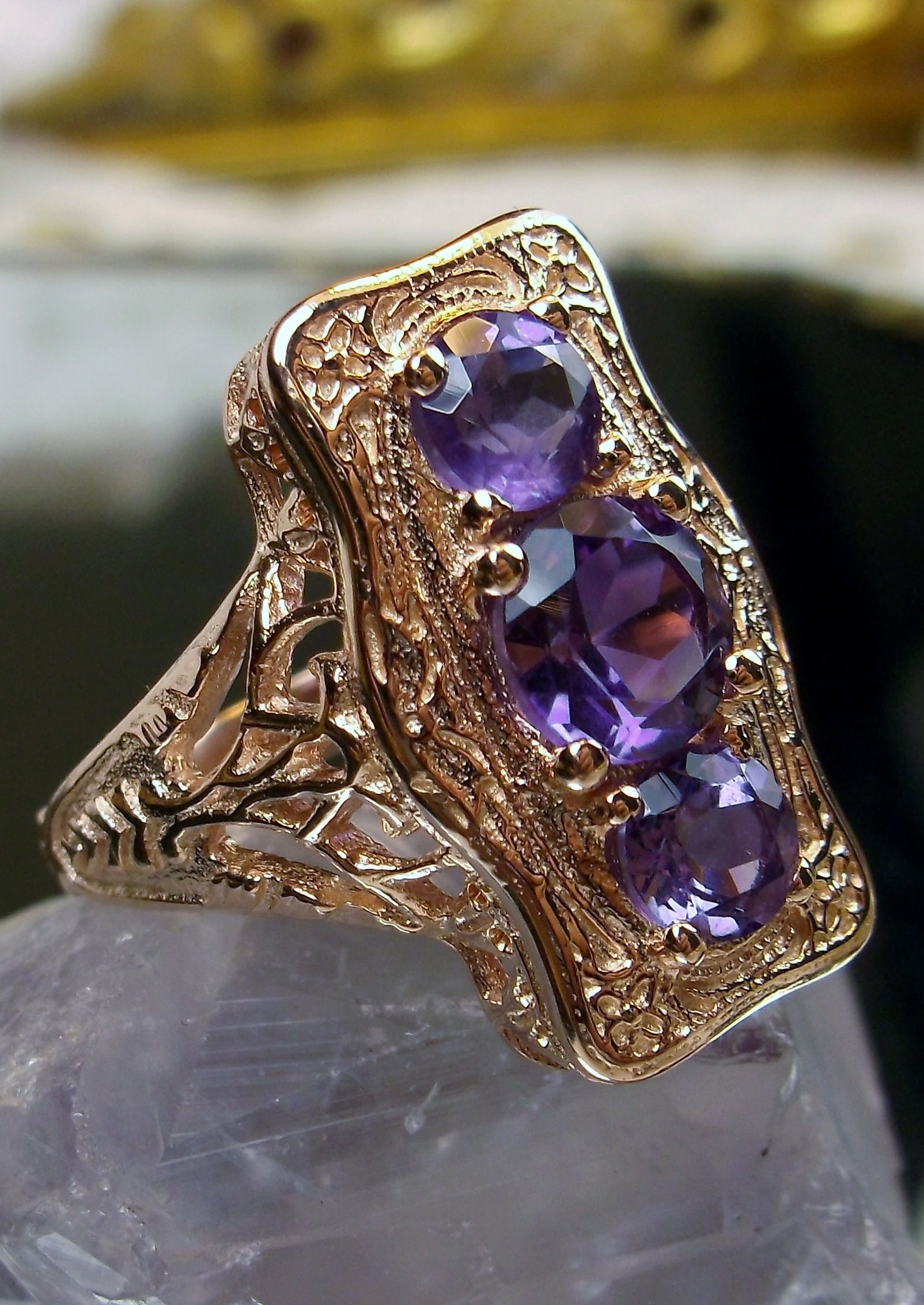 Natural Amethyst Gold Ring/ 14k Gold/ 3 Stone Natural Purple | Etsy