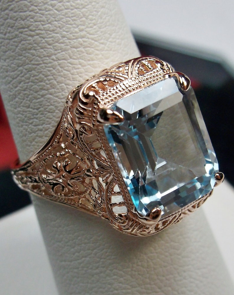 Autumn Design#200 Custom Made Natural Topaz Ring Rose Gold plated Sterling Silver 6ct Natural Sky Blue Topaz Floral Victorian Filigree