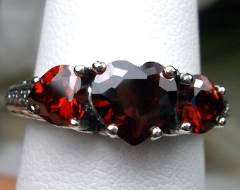 Hearts Garnet CZ Ring • Size 6 • Triple Heart Cubic Zirconia • Sterling Silver Trinity Filigree Antique Style • In Stock | #143