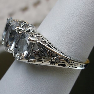 Natural White Topaz/ Solid Sterling Silver/ 3-Gem Natural White Topaz Art Deco Edwardian Filigree Ring [Custom Made] Design#41
