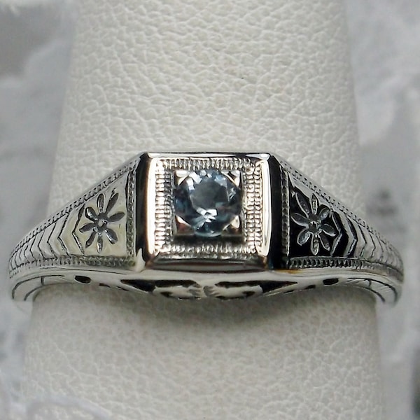 Aquamarine Ring Size 5.5 | Sterling Silver 925 Natural Aqua Gem Antique Art Deco Wedding Filigree Ring [In Stock] Design#155
