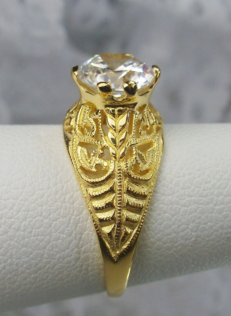 Design #199 Size 5.5 White CZ Yellow Gold Plate /& Sterling Silver Filigree Art Deco Ring