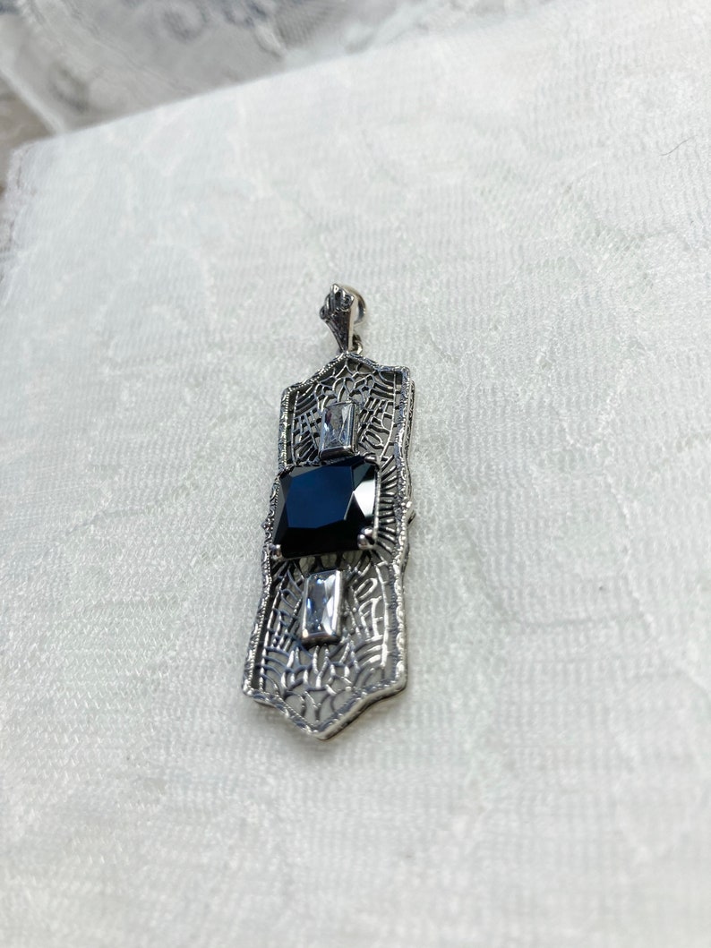 Custom Made Black CZ Pendant Solid Sterling Silver 3ct Square Black Cubic Zirconia Art Deco Silver Filigree Necklace-Pendant Design#P63