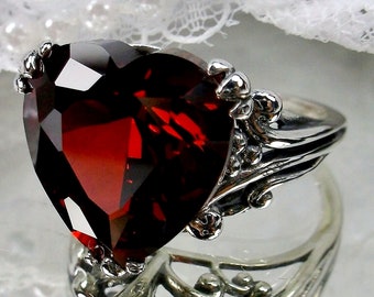 Heart Red Garnet CZ Ring Sterling Silver/ Big Love Leaf Claw Filigree Huge 10ct Gemstone Ring [Made To Order] Design#213