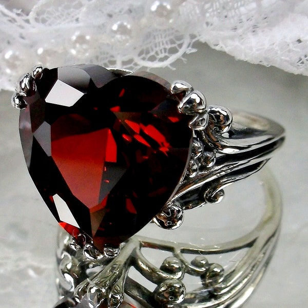 Heart Red Garnet CZ Ring Sterling Silver/ Big Love Leaf Claw Filigree Huge 10ct Gemstone Ring [Made To Order] Design#213