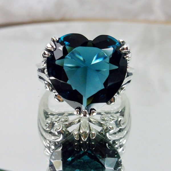 Heart London Blue topaz Ring/ Solid Sterling Silver/ Leaf Claw Filigree Huge 10ct Simulated London Blue Topaz [Made To Order] Design#213